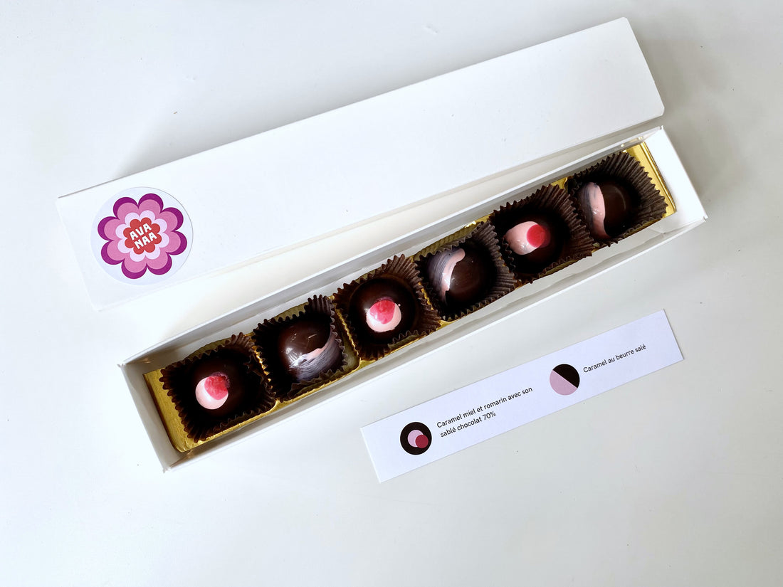 Box of 6 chocolates: honey-rosemary domes with shortbread + caramel fleur sel 70% chocolate domes